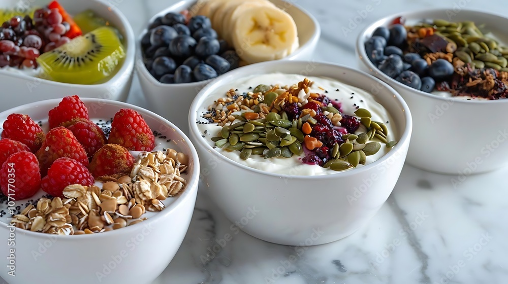 Delicious Yogurt Parfaits with Fresh Fruit and Toppings - Realistic Food Photography Delicious Yogurt Parfaits with Fresh Fruit and Toppings - Realistic Food Photography