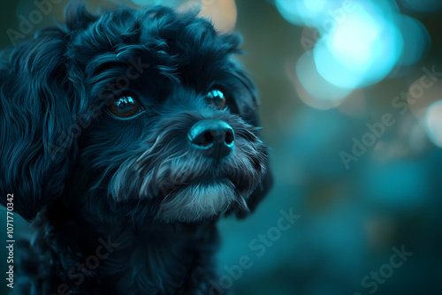 A Close-Up Portrait of a Black Dog with Curly Fur and Curious Eyes Against a Blurry Blue Background photo