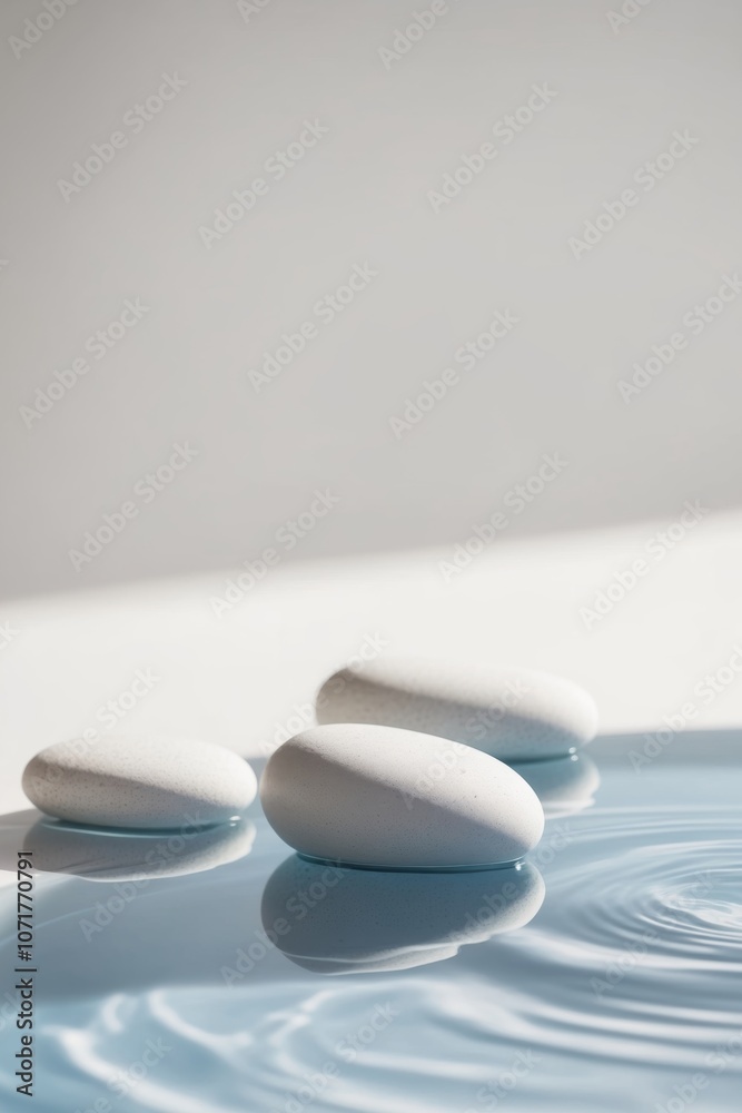 Smooth White Stones Partially Submerged in Blue Water.