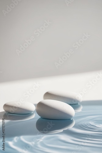 Smooth White Stones Partially Submerged in Blue Water.