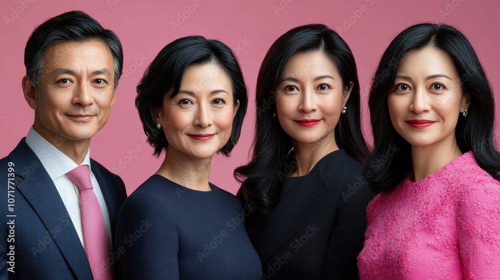 A group of four people, two men and two women, are posing for a photo. The men are wearing suits and ties, while the women are wearing black dresses. The photo has a professional A group of four people, two men and two women, are posing for a photo. The men are wearing suits and ties, while the women are wearing black dresses. The photo has a professional