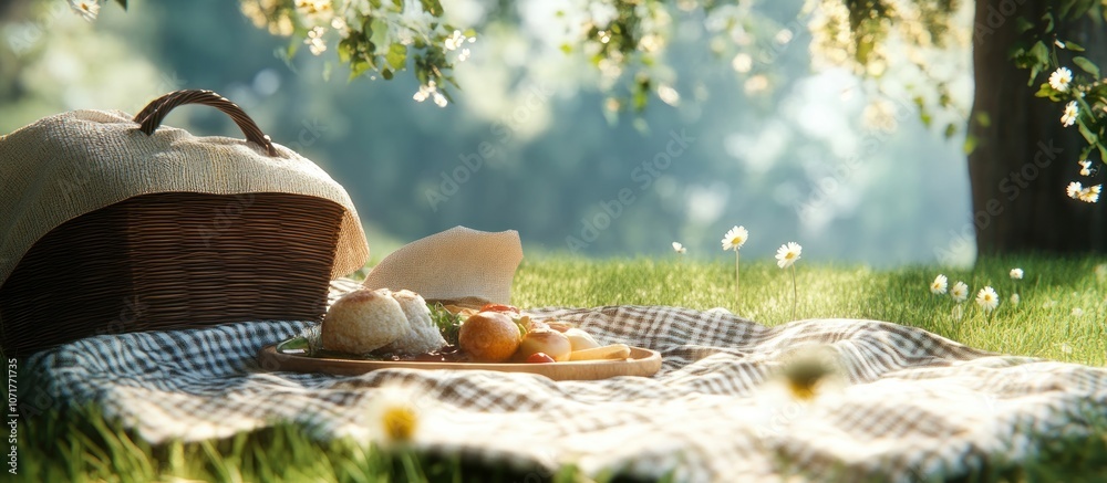 Outdoor picnic with a blanket, basket, and food on a sunny day Outdoor picnic with a blanket, basket, and food on a sunny day