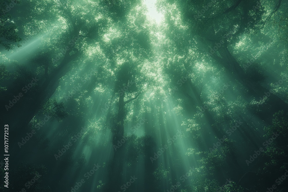 Fototapeta premium An upward view of dense trees in a forest. Generative AI