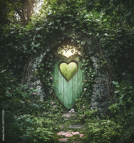 A photo of an old, ivy-covered stone archway leading to a heart-shaped... photo