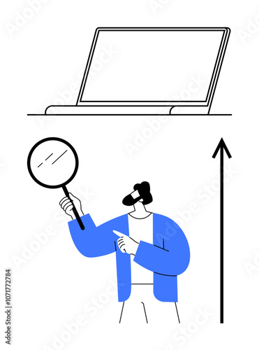 Laptop magnifying glass upward arrow searching person in blue. Ideal for growth, exploration, digital success, analysis, learning, progress, research. Line metaphor