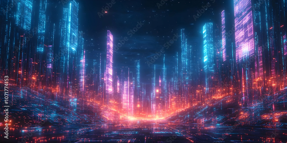 A Futuristic Cityscape of Glowing Towers Rendered in 3D, Illuminated by Vibrant Neon Lights with a Digital Glitch Aesthetic A Futuristic Cityscape of Glowing Towers Rendered in 3D, Illuminated by Vibrant Neon Lights with a Digital Glitch Aesthetic