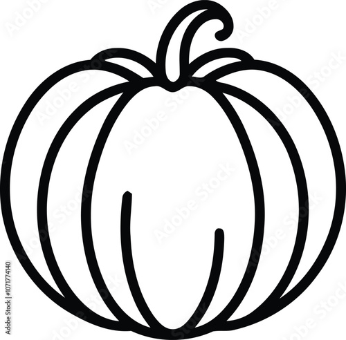 Silhouette pumpkin, black and white, bold curves, stylized gourd, minimalist Halloween design, graphic illustration, stark contrast, symmetrical shape, curled stem, smooth contours, vector art style, 