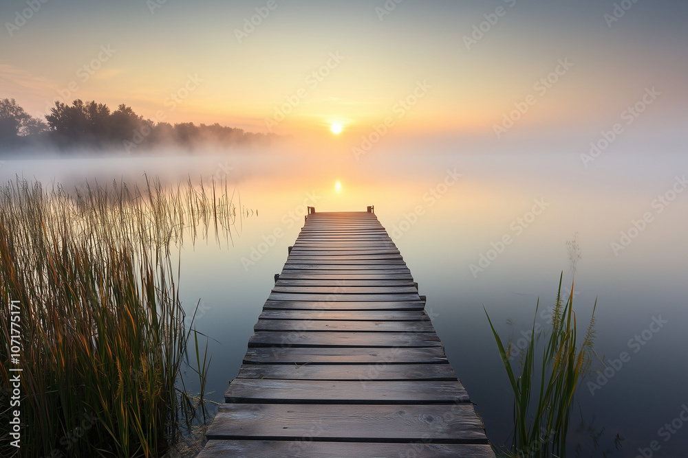 Fototapeta premium Wooden pier extending into a calm, misty lake at sunrise. Generative AI