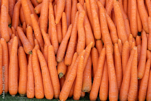 Fresh orange carrots stacked neatly at a farmers market during the afternoon