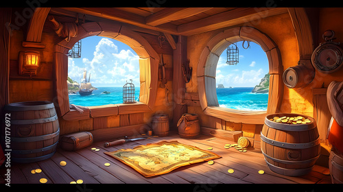 Pirate Ship Cabin Illustration - Treasure Map & Ocean View photo