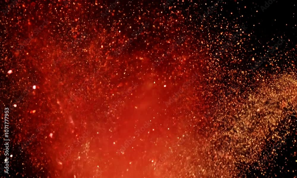 Fiery red particles bursting upwards in energetic waves, trailing flashes of light. Red dust particles flicker and fade into a black backdrop Fiery red particles bursting upwards in energetic waves, trailing flashes of light. Red dust particles flicker and fade into a black backdrop