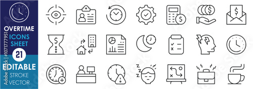 A set of line icons related to Overtime. Target, business, identity, money, time, over, night, stressful, coffee, headache, fees, earning, and so on. Vector editable stroke.