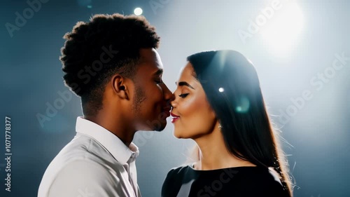 Romantic couple sharing intimate moments with soft lighting and atmospheric effects