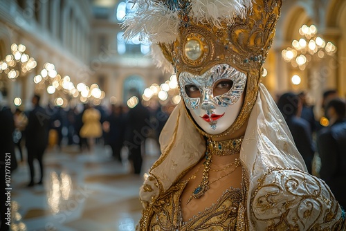 Venetian masked ball: elegant woman in ornate costume and feathered mask