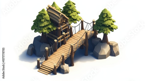 Elven tree village, rope bridges, tree houses 3D texture, gaming texture isolated on transparent or white background, png