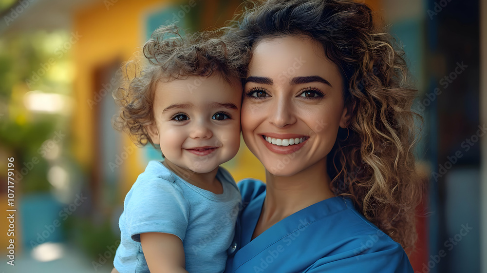Fototapeta premium Smiling Woman Holding Baby - Photo