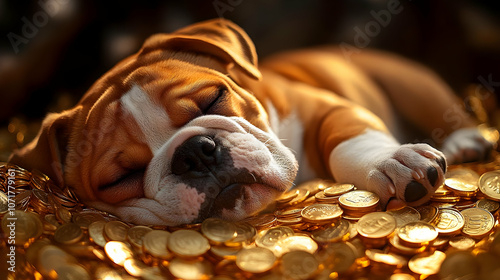 Sleeping Bulldog Puppy on Coins Photo photo