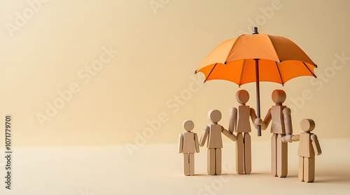 Wooden figurines, representing a family, are shielded by an orange umbrella, illustrating the concept of insurance.