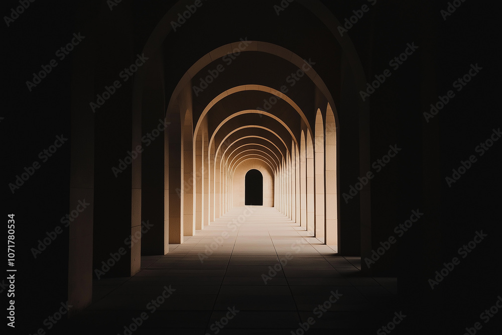 Fototapeta premium Long corridor of stone arches with dramatic shadows, architectural perspective creating a sense of depth and mystery