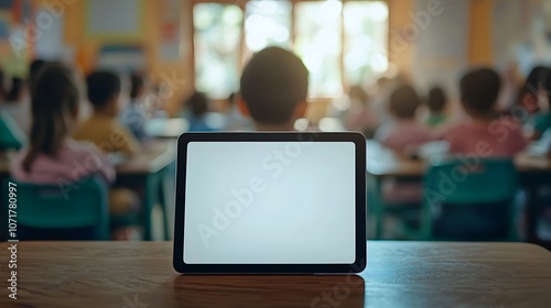 Close-Up of a Blank White Tablet on a Wooden Desk in a Classroom Setting with Students in the Background Focusing on Learning Activities and Technology Usage