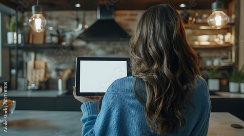 Close-Up of a Person Holding a Blank Tablet in a Cozy Kitchen Setting, Highlighting Modern Technology and Home Comforts with a Warm Ambiance photo