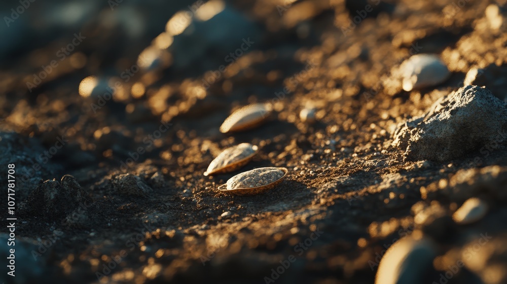 A close-up of seeds resting on the soil surface, capturing the moment just before growth begins. A close-up of seeds resting on the soil surface, capturing the moment just before growth begins.