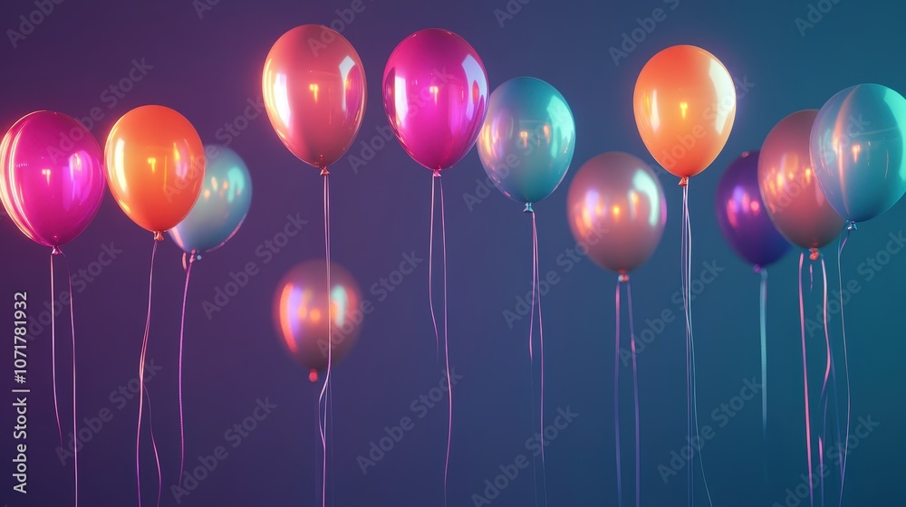 A collection of colorful balloons floating upward on a transparent background, perfect for New Year A collection of colorful balloons floating upward on a transparent background, perfect for New Year