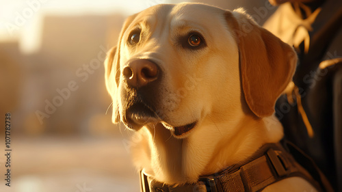 A close-up shot of a guide dog wearing a harness beside a blind man, both looking forward, with sunlight gently illuminating them, calm and reassuring.