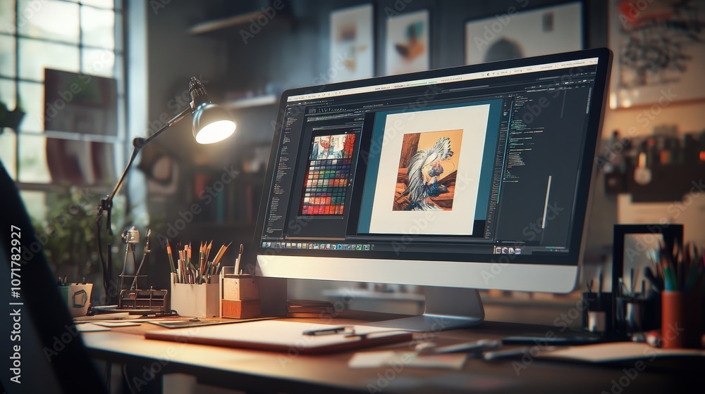Fototapeta premium A creative workspace where AI suggests design elements on a digital canvas, aiding graphic designers with smart tools that adapt to their artistic preferences.