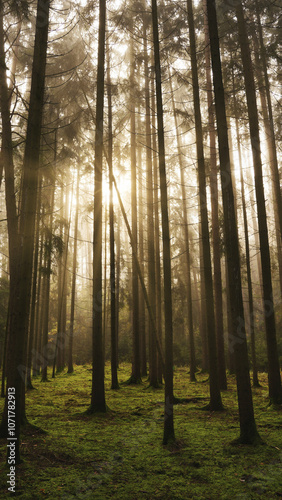 Warm sunbeams shining trough a mythical foggy forest photo