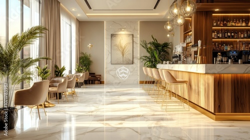 Luxury coffee shop with long wooden bar, gold bar chair, white marble floor, luxurious chandelier, wall decorated with small plants, relaxing atmosphere