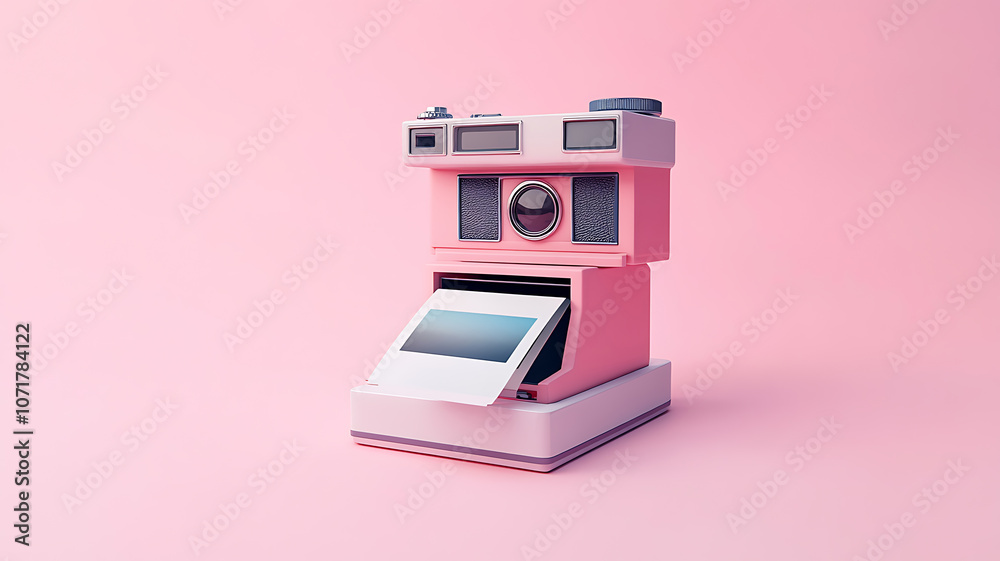 Fototapeta premium A high-quality image of a classic Polaroid camera with a printed photo sliding out, positioned on a clean background with soft shadows enhancing its timeless look