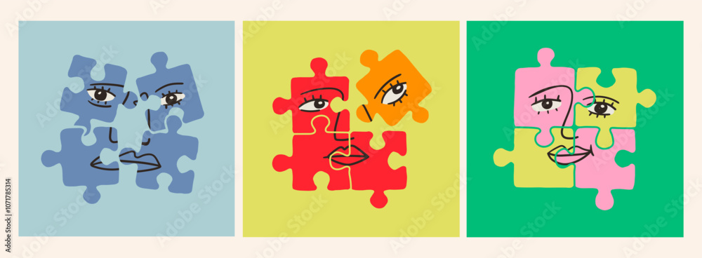 Abstract human Faces on puzzle pieces. Jigsaw puzzle game with face. Contemporary minimalistic elegant style. Hand drawn modern Vector illustration. Isolated design elements