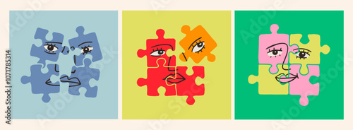 Abstract human Faces on puzzle pieces. Jigsaw puzzle game with face. Contemporary minimalistic elegant style. Hand drawn modern Vector illustration. Isolated design elements