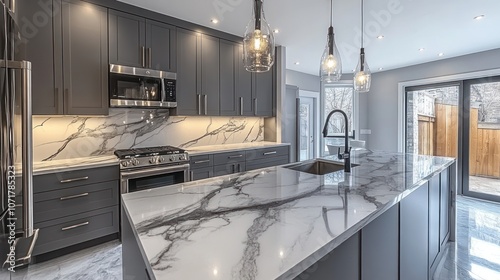 Modern luxury kitchen with marble countertops, stainless steel appliances, and pendant lighting on a white background photo