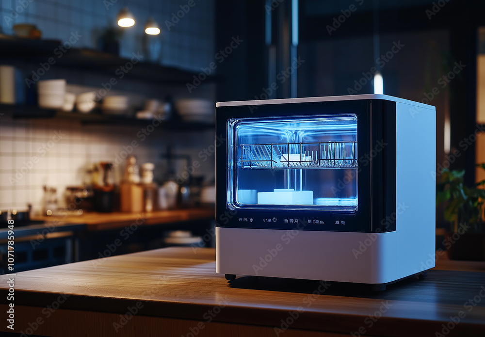 Obraz premium A small, white dishwasher on a kitchen counter