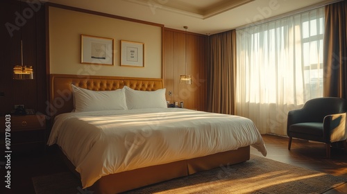 Five-star hotel room, warm color tone, wooden floor, king size bed, gold table lamp, decorated with artwork, quiet atmosphere