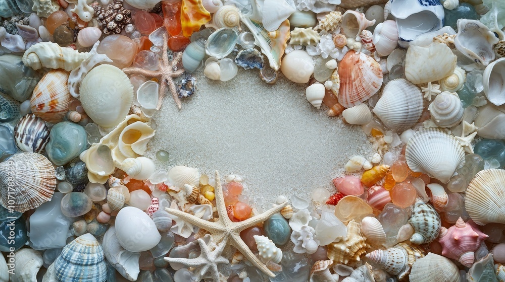 Fototapeta premium A beautiful arrangement of seashells creating a border around an empty space, perfect for adding text or a logo. The image evokes feelings of beach, summer, and relaxation.