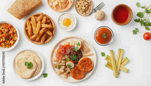 Lebanese food assortment on light background highlighted by white, png