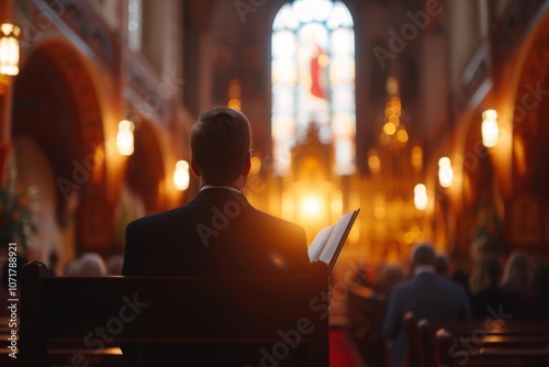 The minister stands at the altar, guiding the congregation in prayer at Grand Christian Church, creating a peaceful evening atmosphere filled with devotion and reflection.