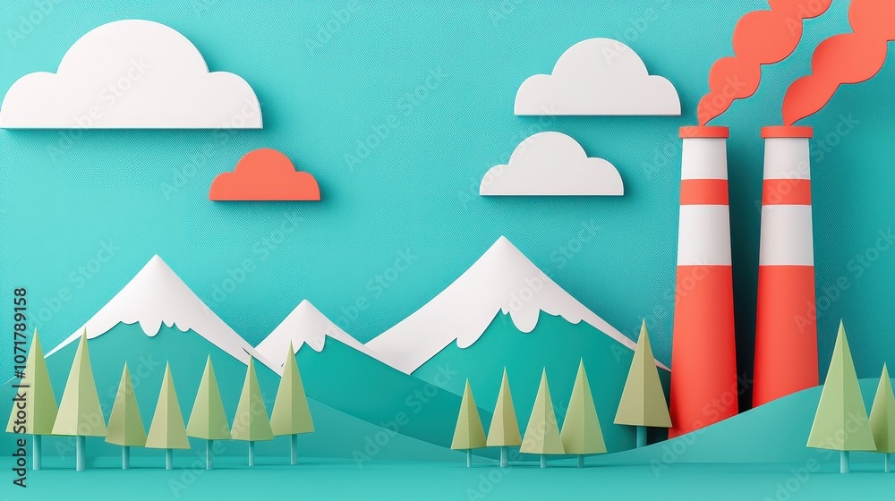 Save Our Planet Papercraft Illustration of Smog Pollution Over Mountains and Forest Save Our Planet Papercraft Illustration of Smog Pollution Over Mountains and Forest