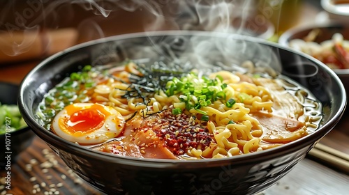 Steaming Bowl of Ramen Noodles, Egg, and Pork