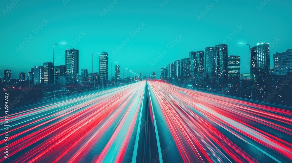 Fototapeta premium Cityscape Night Highway with Blurred Lights Modern Architecture Skyline Urban Backgroun