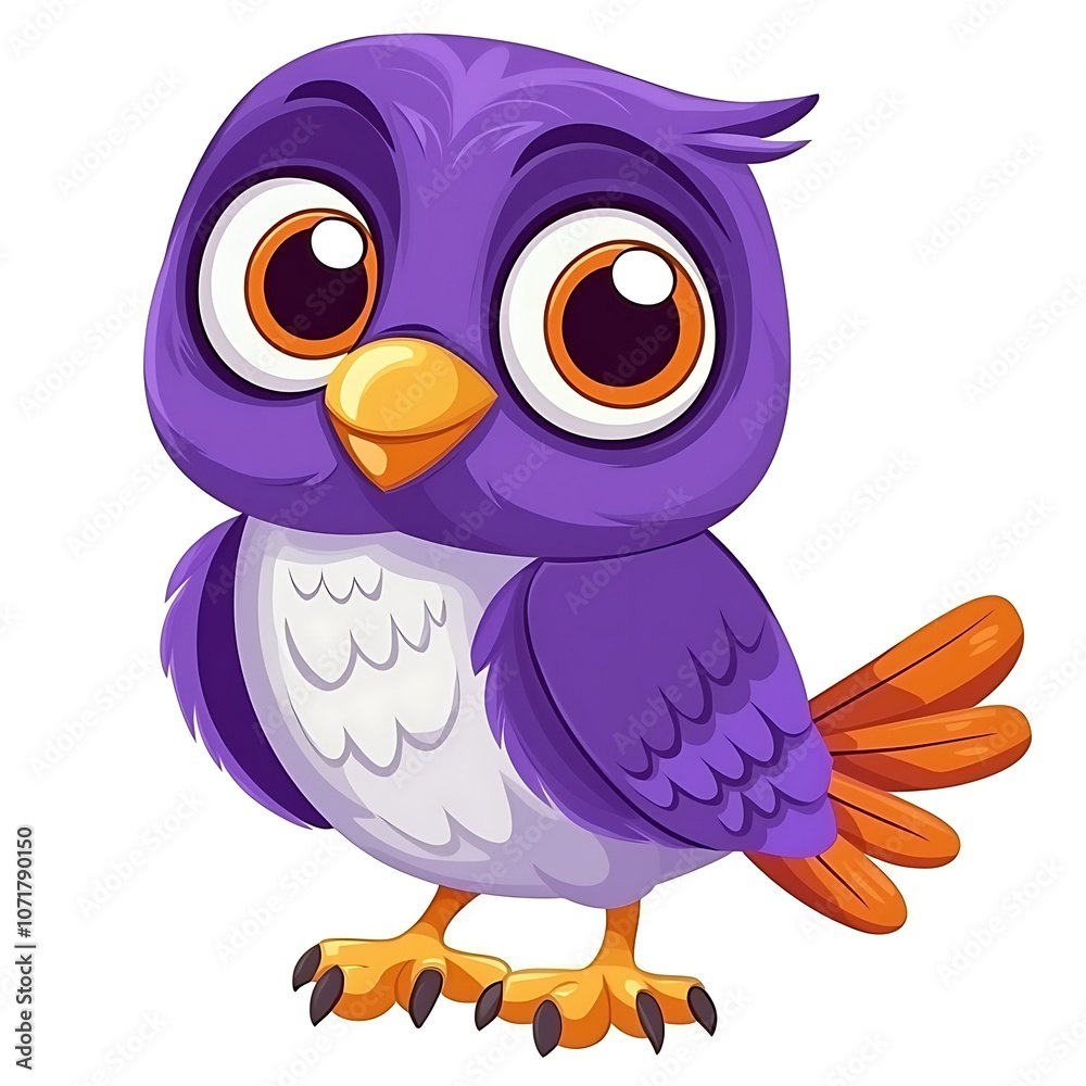 Fototapeta premium Cheerful and Colorful Purple Owl with Orange Feathers, Perfect for Children's Illustrations and Happy Art Projects to Brighten Up Any Space