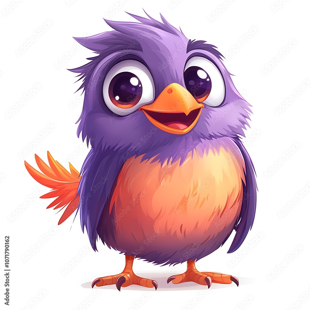 Fototapeta premium Cheerful Purple Owl Character with Bright Orange Feathers, Perfect for Children's Themes, Illustrations, and Playful Designs in a Whimsical Style