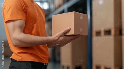 A warehouse worker in an orange shirt holds a cardboard box, surrounded by shelves of stacked packages, highlighting logistics and supply chain activities.