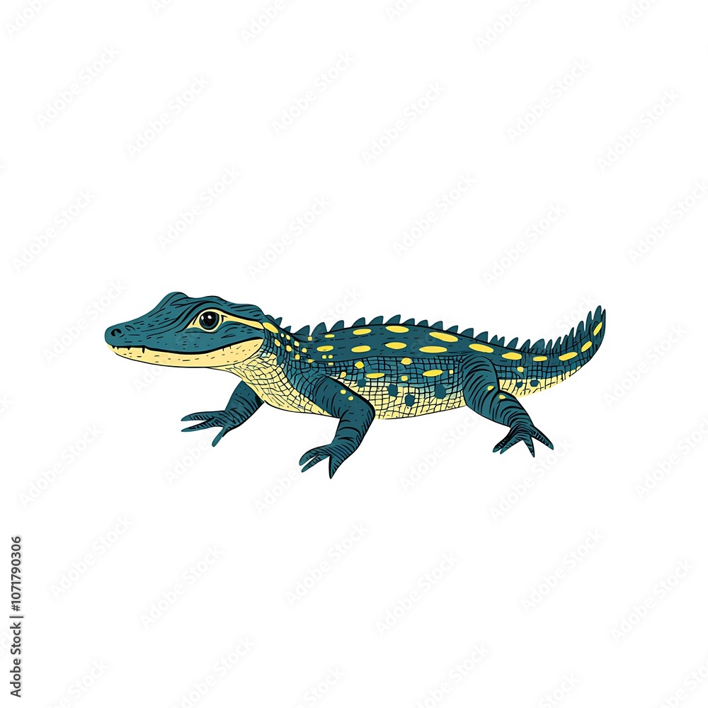 Fototapeta premium Playful Green Alligator with Yellow Spots, Perfect for Whimsical Themes and Nature-Inspired Designs, Capturing the Joy of Jungle Adventures and Fun Characters