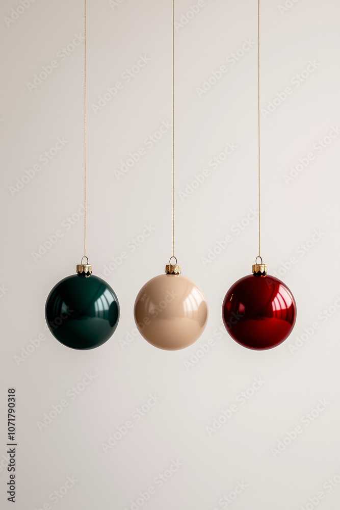 Christmas balls hanging. Green, gold and red ornaments on white. Minimal concept. 