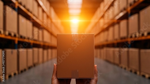 Wallpaper Mural A person holding a box in a warehouse, illuminated by warm light, with shelves of identical boxes in the background. Torontodigital.ca
