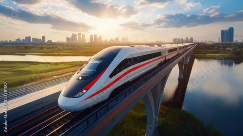 Wallpaper Mural A high-speed train racing across a bridge, illustrating modern rail transportation and its role in connecting cities quickly and efficiently Torontodigital.ca